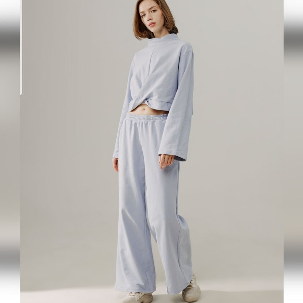 NEW Gathered Crop Sweatshirt & Wide Leg Pants Set (Light Blue) - DEPT ANONYM